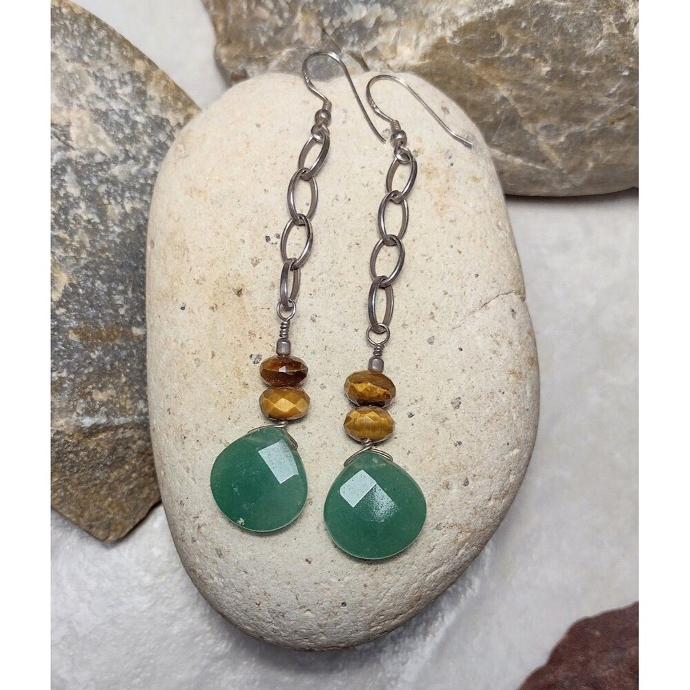 Jade Tigers Eye Sterling Silver 925 Chain Long Dangle Earrings